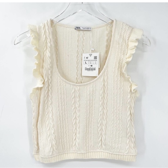 ZARA Ruffle Trim Knit Tank Top L Cream - Picture 2 of 5
